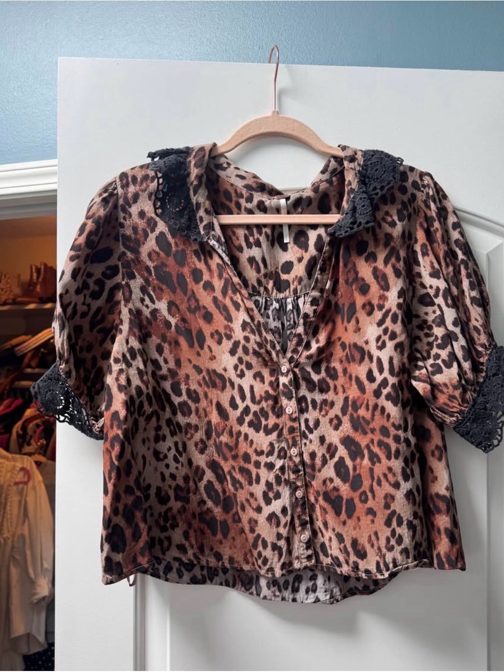Free People Leopard Print Button-Front Women's Top with Lace Trim